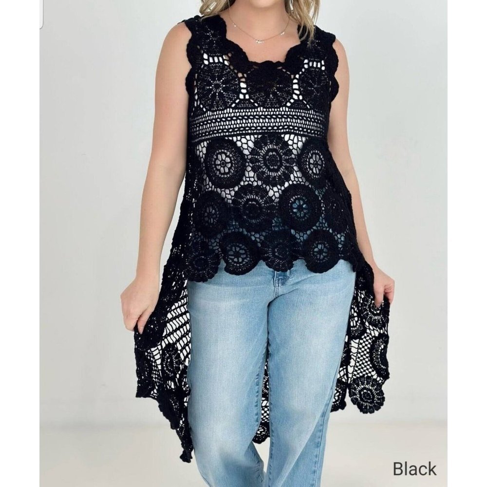 Adora Boho‎ Crochet Open Knit High Low Top Sleeveless Black Festival S/M - Picture 3 of 6